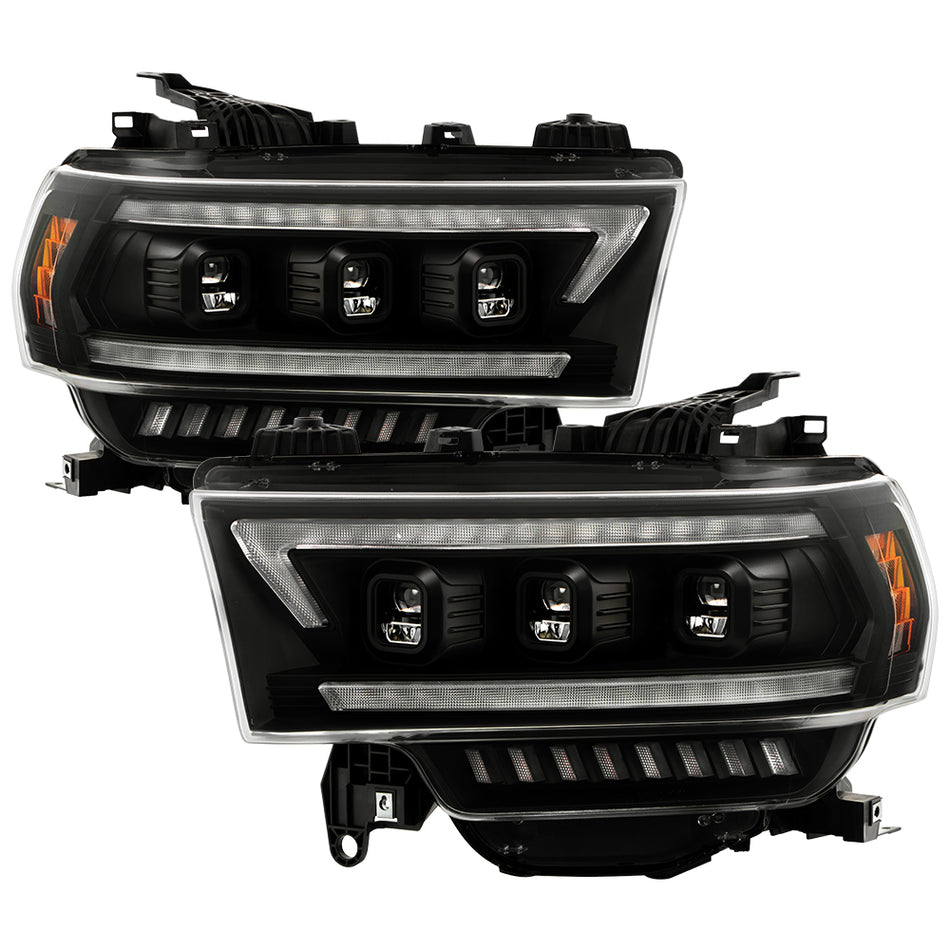 ( Spyder Apex ) Dodge Ram Heavy Duty 2500/3500 2019-2022 Factory Reflective LED Model Only ( Not Compatible With Factory Halogen Model ) Headlights - Sequential LED Turn Signal Lights - Greeting Light Animation - Clear Light Bar Parking Lights - Black