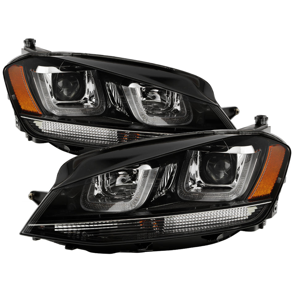 ( Spyder Signature ) Volkswagen Golf VII 14-19 (Halogen model only) Projector Headlights - DRL LED - Black Stripe - Low Beam-H7(Not Included) ; High Beam-H1(Insluded) ; Signal-PY21W(Included) - Black