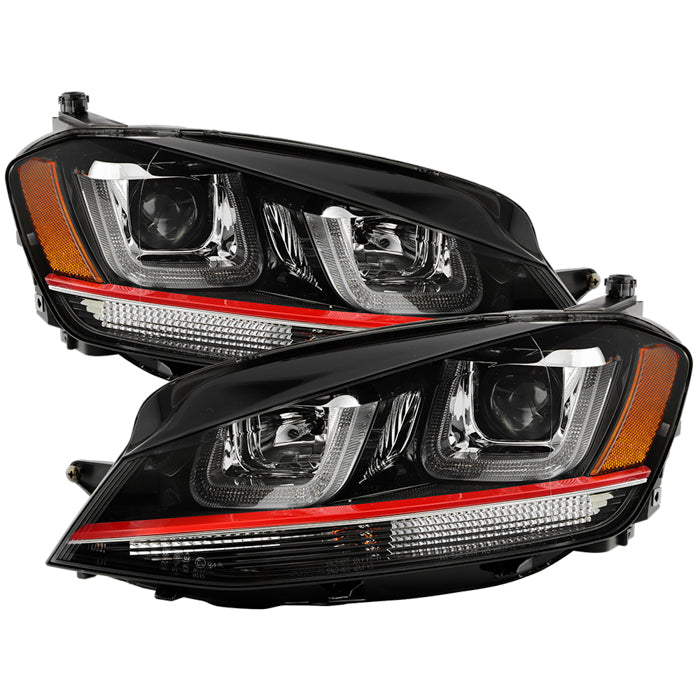 ( Spyder Signature ) Volkswagen Golf VII 14-19 (Halogen model only) Projector Headlights - DRL LED - Red Stripe -  Low Beam-H7(Not Included) ; High Beam-H1(Insluded) ; Signal-PY21W(Included) - Black