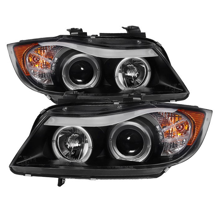 ( Spyder Signature ) BMW E90 3-Series 06-08 4DR Projector Headlights - LED Halo - Amber Reflector - Replaceable Eyebrow Bulb - Black - High H1 (Included)