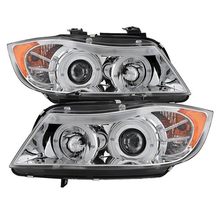 ( Spyder Signature ) BMW E90 3-Series 06-08 4DR Projector Headlights - LED Halo - Amber Reflector - Replaceable Eyebrow Bulb - Chrome - High H1 (Included)