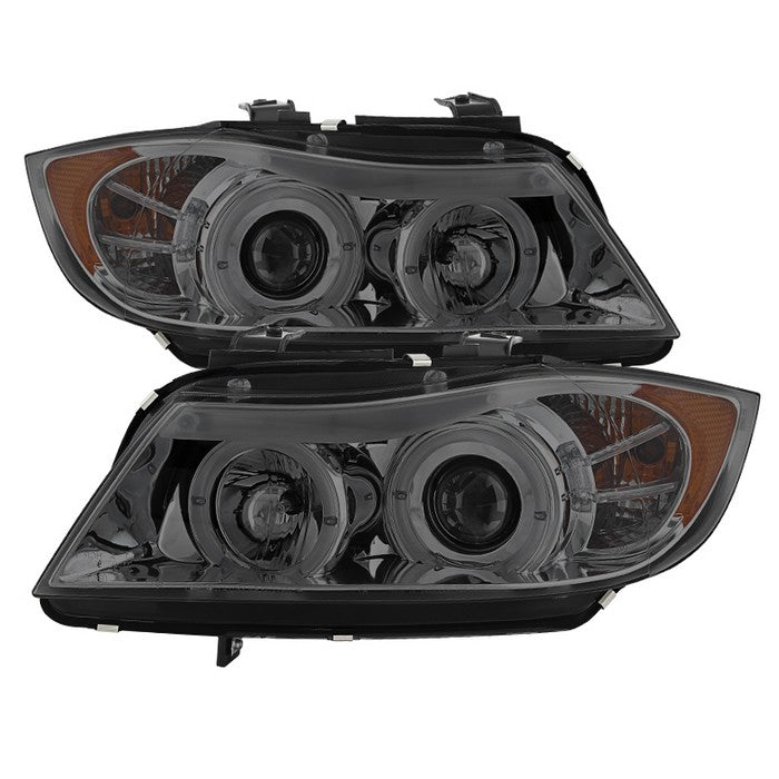 ( Spyder Signature ) BMW E90 3-Series 06-08 4DR Projector Headlights - LED Halo - Amber Reflector - Replaceable Eyebrow Bulb - Smoke- High H1 (Included)