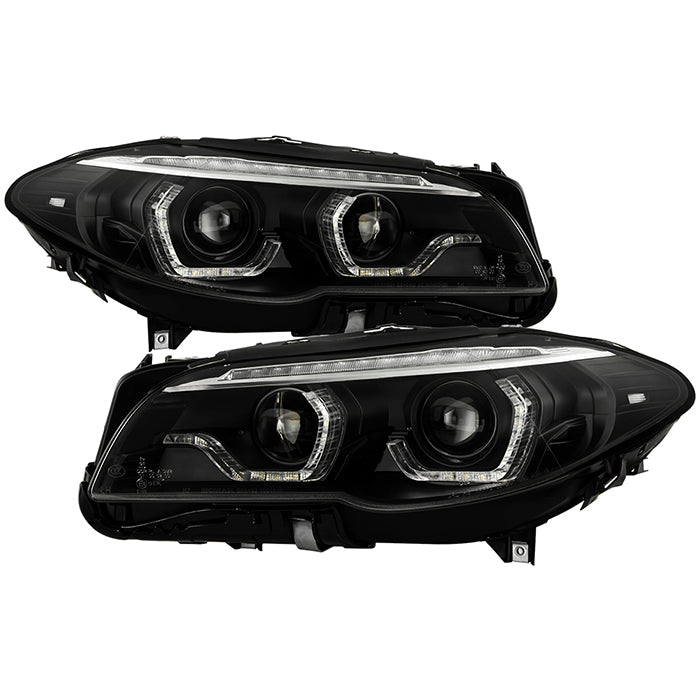 ( Spyder Signature ) BMW 5 Series F10 2011-2013 Xenon/HID Model Only ( Not Compatible With Factory Halogen Model ) AFS Version Projector Headlights - Sequential LED Turn Signal - DRL U-Shape Crystal Light Bar Parking Light - Black