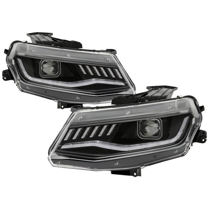 ( Spyder Apex ) Chevy Camaro 16-18 Halogen Model Full LED Headlights - Sequential Turn Signal - Low Beam: LED - High Beam: LED - Signal: LED - Black