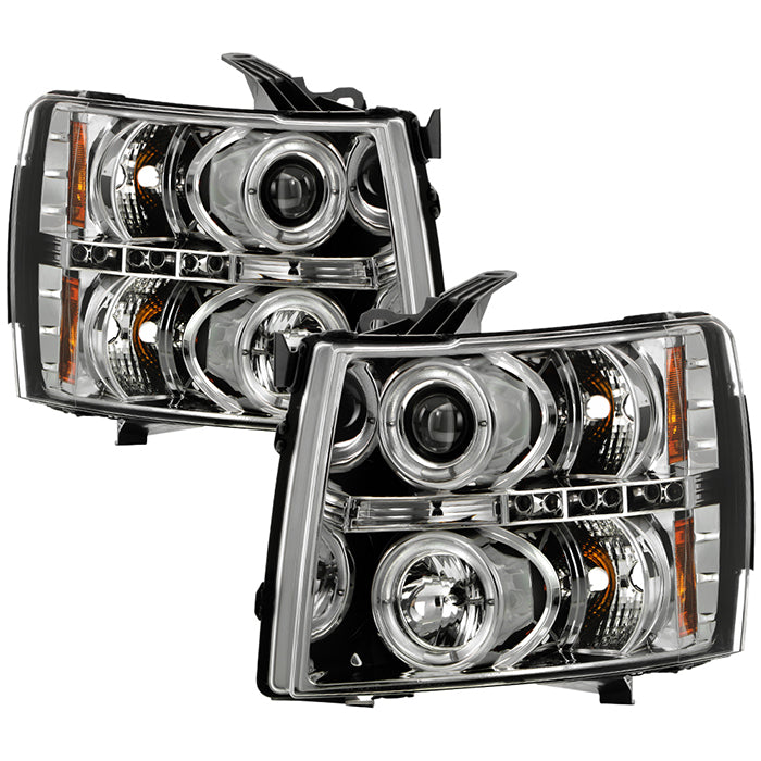 ( Spyder Signature ) Chevy Silverado 1500 07-13  2500HD/3500HD 07-14 Projector Headlights - LED Halo - LED ( Replaceable LEDs ) - Chrome - High H1 (Included) - Low H1 (Included)