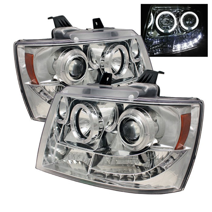 ( Spyder Signature ) Chevy Suburban 1500/2500 07-14 / Chevy Tahoe 07-14 / Avalanche 07-14 Projector Headlights - LED Halo - LED ( Replaceable LEDs ) - Chrome - High H1 (Included) - Low H1 (Included)