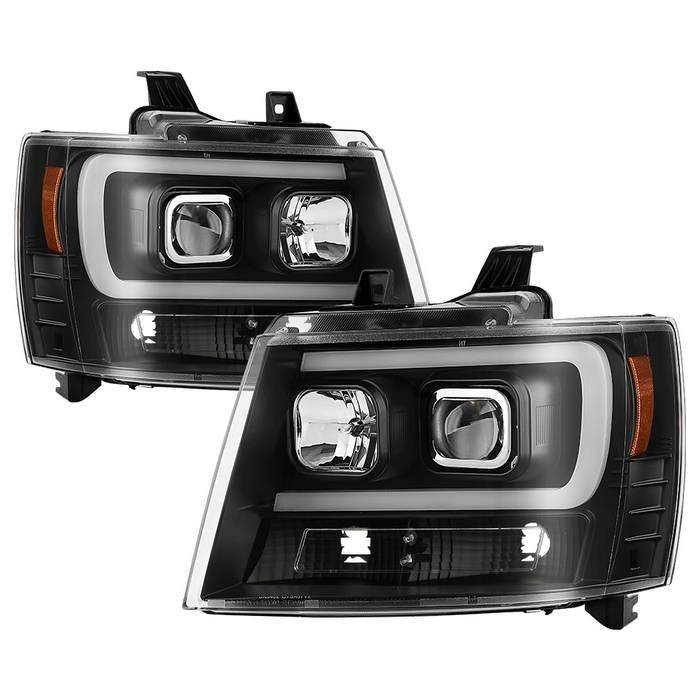 ( Spyder Signature ) Chevy Suburban 1500/2500 07-14 / Chevy Tahoe 07-14 / Avalanche 07-14 Version 2 Projector Headlights - High H1 (Included) - Low H7 (Included) Light Bar DRL - All Black