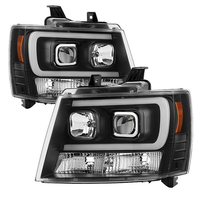 ( Spyder Signature ) Chevy Suburban 1500/2500 07-14 / Chevy Tahoe 07-14 / Avalanche 07-14 Version 2 Projector Headlights - High H1 (Included) - Low H7 (Included)  Light Bar DRL - Black