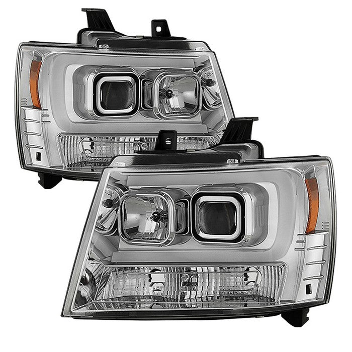 ( Spyder Signature ) Chevy Suburban 1500/2500 07-14 / Chevy Tahoe 07-14 / Avalanche 07-14 Version 2 Projector Headlights - High H1 (Included) - Low H7 (Included)  Light Bar DRL - Chrome