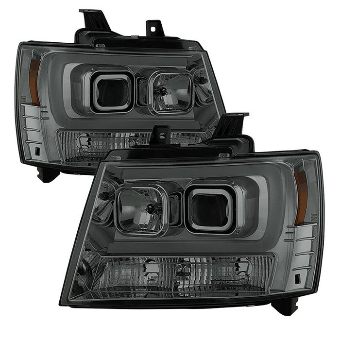 ( Spyder Signature ) Chevy Suburban 1500/2500 07-14 / Chevy Tahoe 07-14 / Avalanche 07-14 Version 2 Projector Headlights - High H1 (Included) - Low H7 (Included)  Light Bar DRL - Smoke