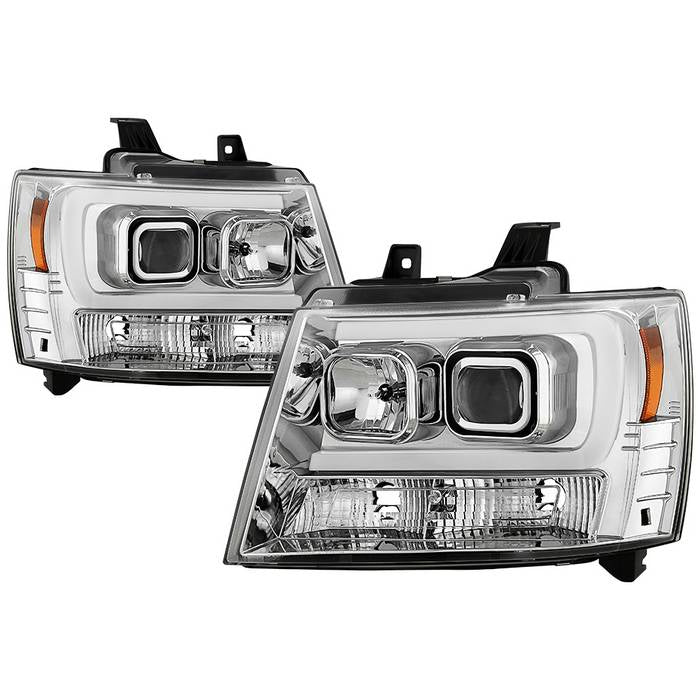 ( Spyder Signature ) Chevy Suburban 1500/2500 07-14 / Chevy Tahoe 07-14 / Avalanche 07-14 Version 2 Projector Headlights - High H1 (Included) - Switch Back Turn Signal Light Bar - Low H7 (Included) ; Signal-LED(Included) - Chrome