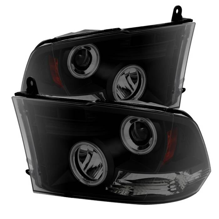 ( Spyder Signature ) Dodge Ram 1500 09-18 / Ram 2500/3500 10-19 Projector Headlights - Halogen Model Only ( Not Compatible With Factory Projector And LED DRL ) - CCFL Halo - LED ( Non Replaceable LEDs ) - Black Smoke - High 9005 (Not Included)- Low H1 (In