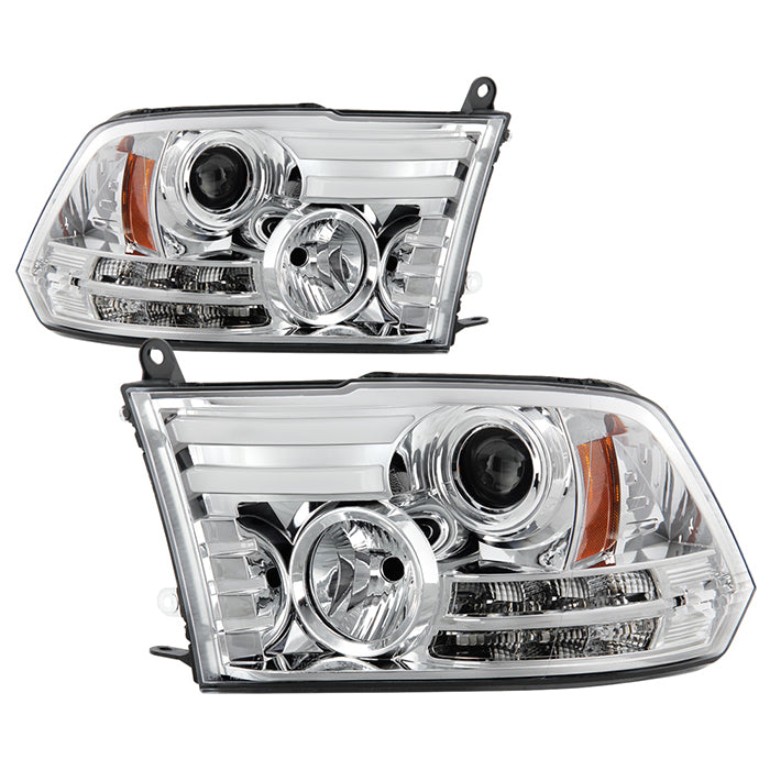 ( Spyder Signature ) Dodge Ram 1500 09-18 / Ram 2500/3500 10-19 Projector Headlights - Halogen Model Only ( Not Compatible With Factory Projector And LED DRL ) - Light Bar DRL - Chrome - High 9005 (Not Included)- Low H1 (Included)