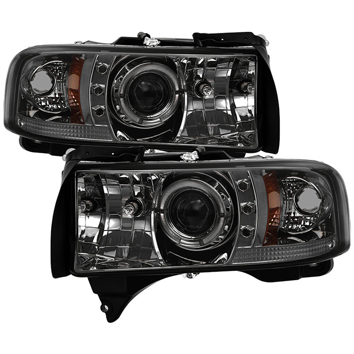 ( Spyder Signature ) Dodge Ram 1500 94-01 / Ram 2500/3500 94-02 / 99-01 Ram Sport -  Projector Headlights  - LED Halo - LED ( Replaceable LEDs ) - Smoke - High 9005 (Included) - Low H1 (Included)