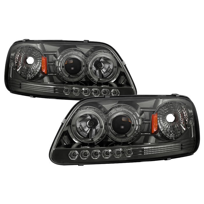 ( Spyder Signature ) Ford F150 97-03 / Expedition 97-02 1PC Projector Headlights - ( Will Not Fit Manufacture Date Before 6/1997 ) - LED Halo - Amber Reflector - LED ( Replaceable LEDs ) - Smoke - High 9005 (Included) -  Low H3 (Included)