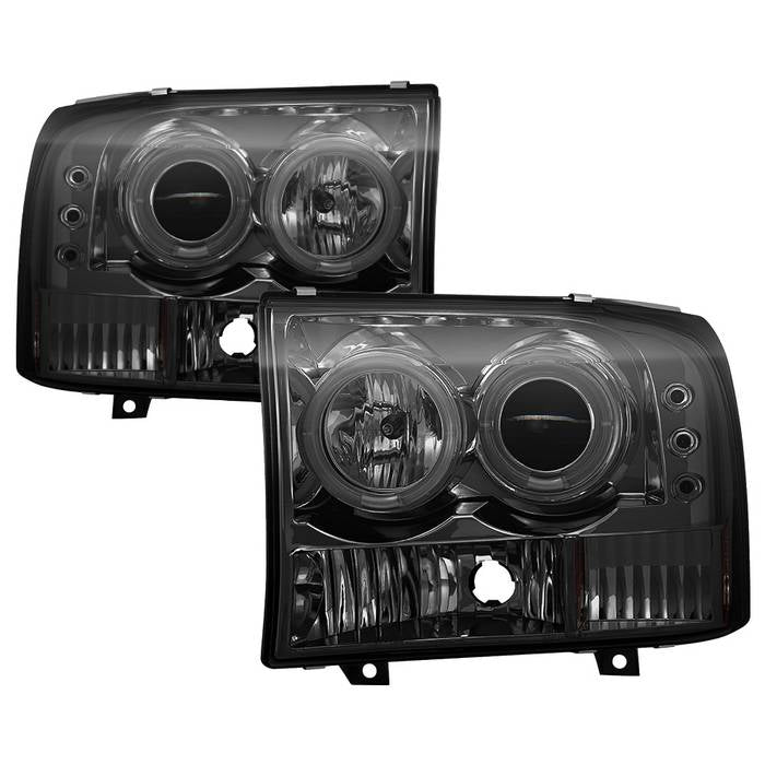 ( Spyder Signature ) Ford F250 Super Duty 99-04 / Ford Excursion 00-04 1PC Projector Headlights - Version 2 - LED Halo - LED ( Replaceable LEDs ) - Smoke - High H1 (Included) - Low H1 (Included)