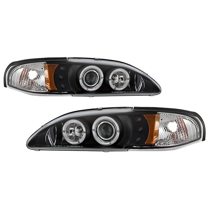 ( Spyder Signature ) Ford Mustang 94-98 1PC Projector Headlights - LED Halo - Amber Reflector - LED ( Replaceable LEDs ) - Black - High 9005 (Included) - Low H3 (Included)