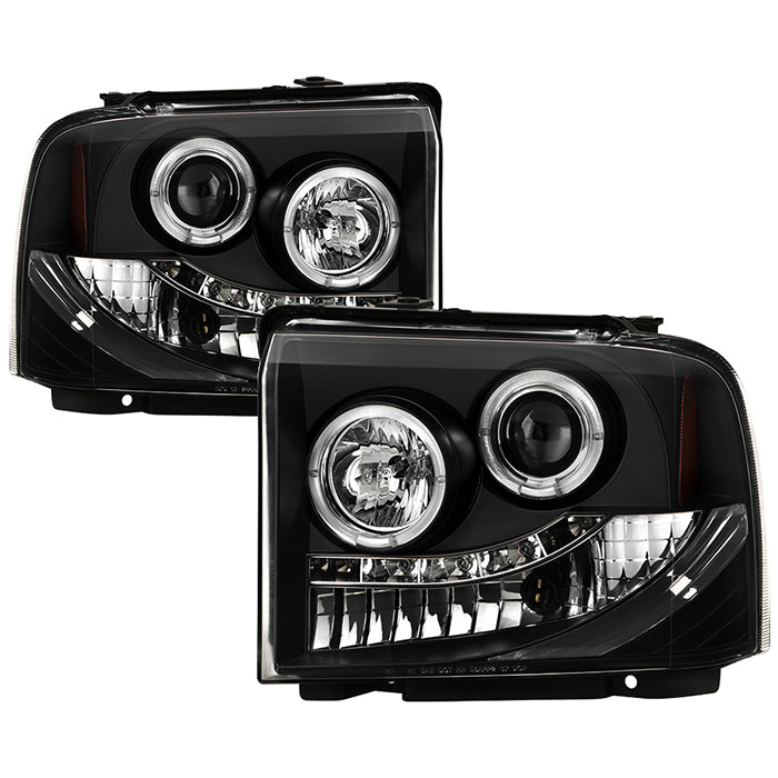 ( Spyder Signature ) Ford F250/350/450 Super Duty 05-07 Projector Headlights - LED Halo- LED ( Replaceable LEDs ) - Black - High H1 (Included) - Low H1 (Included)