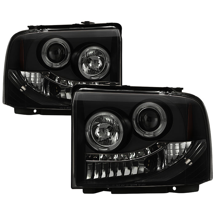 ( Spyder Signature ) Ford F250/350/450 Super Duty 05-07 Projector Headlights - LED Halo - LED ( Replaceable LEDs ) - Black Smoke - High H1 (Included) - Low H1 (Included)