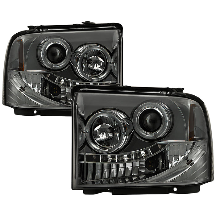 ( Spyder Signature ) Ford F250/350/450 Super Duty 05-07 Projector Headlights - LED Halo- LED ( Replaceable LEDs ) - Smoke - High H1 (Included) - Low H1 (Included)