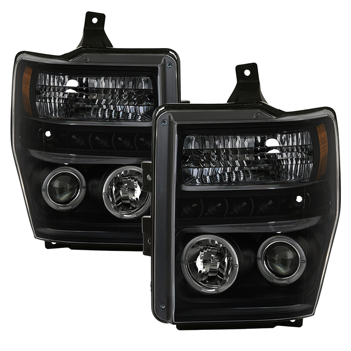 ( Spyder Signature ) Ford F250/350/450 Super Duty 08-10 Projector Headlights - LED Halo - LED ( Replaceable LEDs ) - Black Smoke - High H1 (Included) - Low H1 (Included)