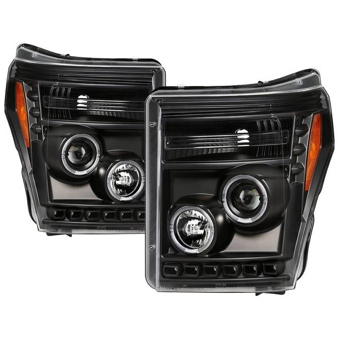 ( Spyder Signature ) Ford F-250/F-350/F450 Super Duty 11-16 Projector Headlights - LED Halo - DRL - All Black - High H1 (Included) - Low 9006 (included)