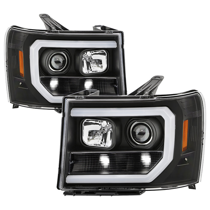 ( Spyder Signature) GMC Sierra 1500/2500/3500 07-13 / GMC Sierra Denali 08-13 / GMC Sierra 2500HD/3500HD 07-13 Version 2 Projector Headlights - Light Bar DRL LED - Low Beam-H1(Included) ; High Beam-H1(Included) ; Signal-3157(Not Included) - All Black