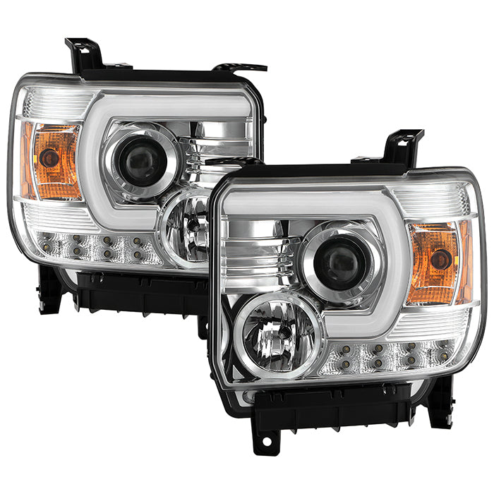 ( Spyder Signature ) GMC Sierra 1500/2500HD/3500HD 14-18 (compatible on models w/factory LED Daytime Running Light Only) Projector Headlights - Light Bar DRL - Low Beam-H7(Included) ; High Beam-H1(Included) ; signal-3157A(Included) - Chrome