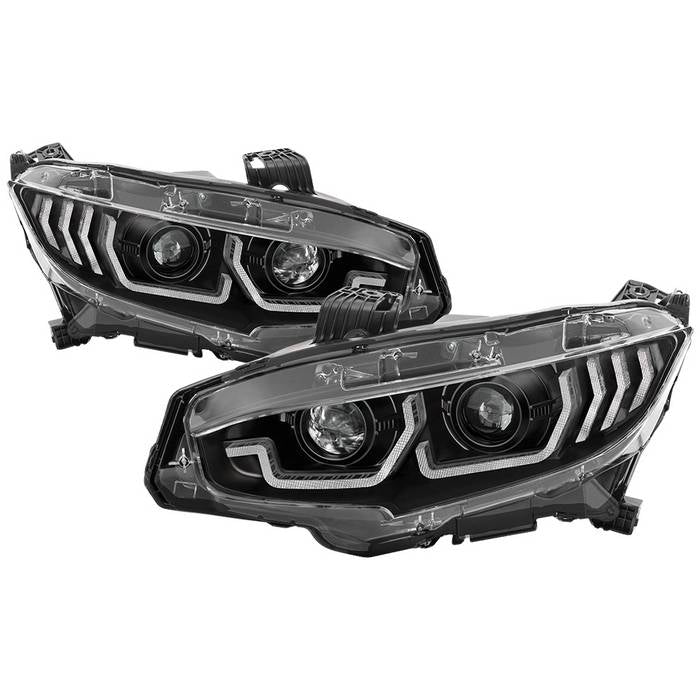 ( Spyder Signature ) Honda Civic 16-20 2DR/4DR/Hatchback (will not fit factory led headlight equipped vehicles) W/ LED Sequential Turn Signal Lights Projector Headlight - Black - Lo Beam ; H1 Included - Hi Beam ; H1 Included