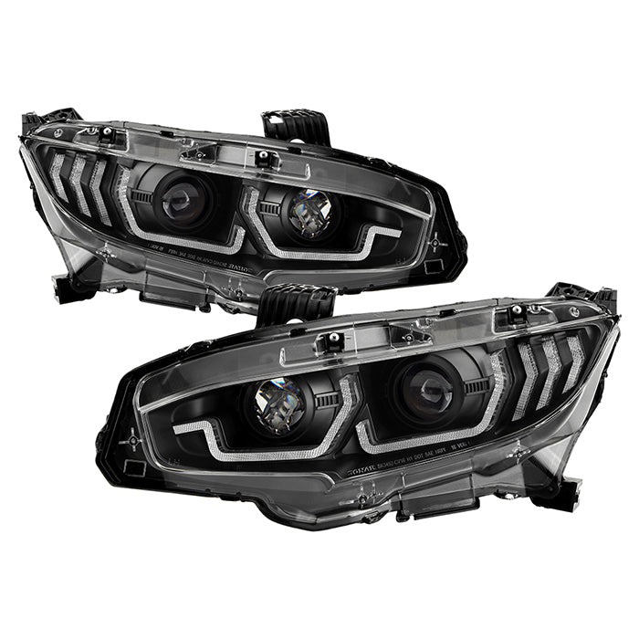 ( Spyder Signature ) Honda Civic 2016-2020 2DR/4DR/Hatchback ( Not Compatible With Factory LED Headlight Equipped Vehicles ) Projector Headlights - Sequential Crystal Light Bar Turn Signal Light - DRL Light Bar Parking Light - Greeting Light - Black