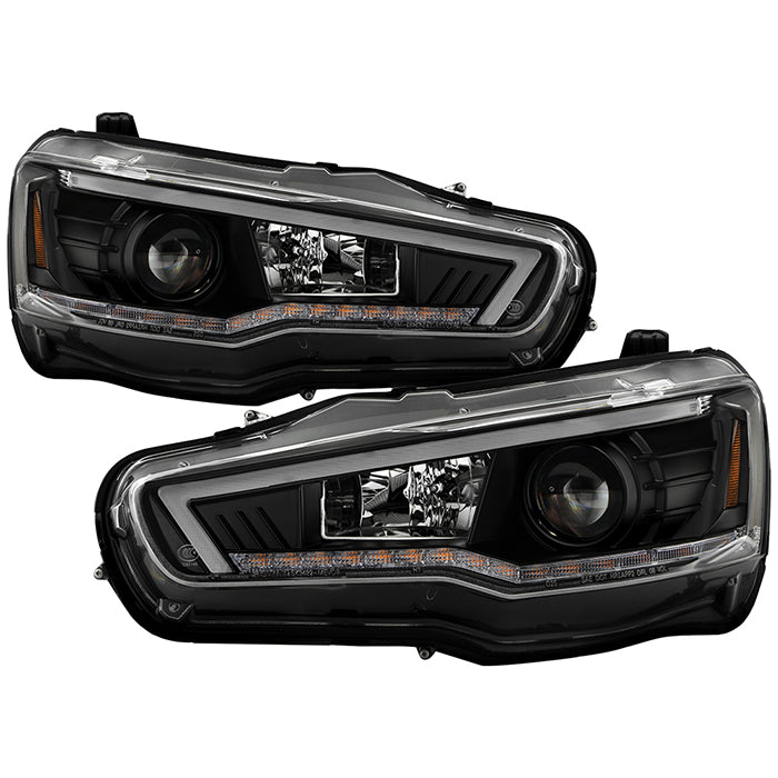 ( Spyder Signature ) Mitsubishi Lancer / EVO-10 2008-2017 Xenon/HID Model Only ( Not Compatible With Halogen Model ) Projector Headlights - Sequential LED Turn Signal - LED White Light Bar Parking Light - Black