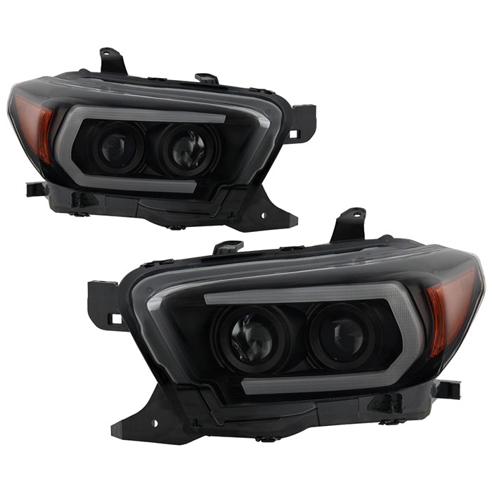 ( Spyder Signature ) Toyota Tacoma 2016-2022 (fits models with OE halogen without LED DRL) Projector Headlights - Sequential LED Turn Signal - Low Beam-H11(Not Included) ; High Beam-H9(Not Included) ; Signal-LED(Included) - Black Smoke